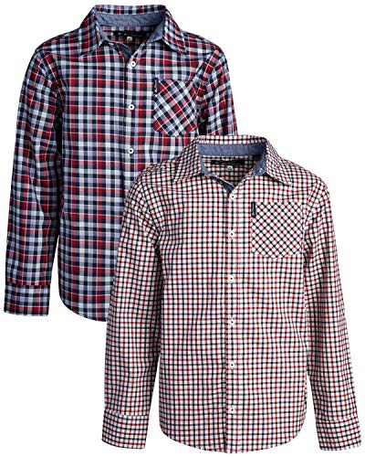 Ben Sherman Boys' Button-Down Shirts - Long Sleeve Cotton Collared Dress Shirt (2 Pack), Size 14/16, Navy/Red/White Plaid