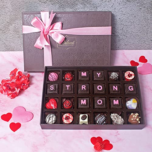 Image of Velvet Fine Chocolates Mother's Day Premium Gift Hamper with MY STRONG MOM written on the Chocolates | Mother's Day Chocolate Gift Pack for Best MOM