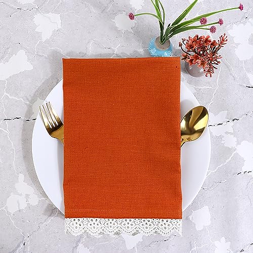 Image of FINGERCRAFT Cloth Napkins, Cotton Table Napkins with White Lace Edge, Reusable Washable Dinner Napkins for Wedding, Festive Dining, Parties & Home Decor (6, Rust Premium Lace, 20 inchx20 inch)