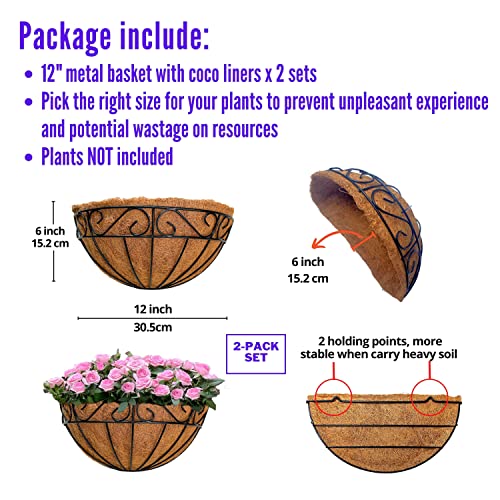 Lalagreen Wall Hanging Planter, 2 Pack, 12 Inch Wall Mounted Flower Basket With Coco Liner For Outdoor Plants, Black Metal Wire Rail Herb Pot Holder Fence Railing Deck Porch Balcony Garden Patio Decor #TOP1