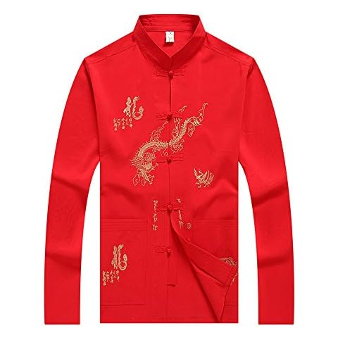 KINDOYO Men's Long Sleeve Tang Suit Kungfu Jackets Chinese Style Shirt Tai Chi Training Cloths Clothing(Red) Cover