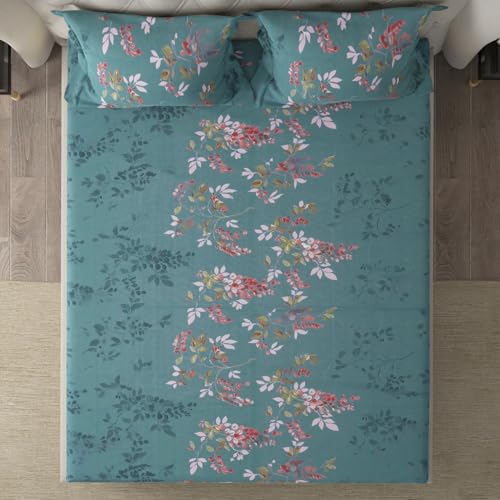 Image of Cloth Fusion Glace Cotton Elastic Fitted Bedsheet Queen Size for Double Bed with 2 Pillow Covers (78X60 inches, Botanical Night)