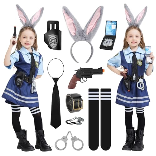 BuntWunder Disfraz Policia Conejo Niña con Orejas de Conejo Funda, Esposas, Pplaca de Policía Silbato Calcetines, Juguete de Policía para Carnaval Halloween Fiesta (110)