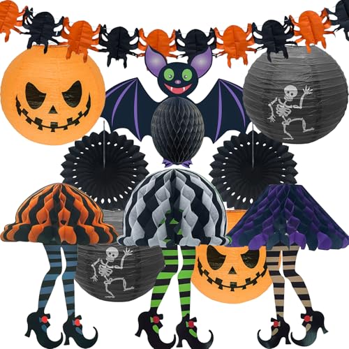 Peywot 11Pcs Halloween Party Decorations, Pumpkin Paper Lanterns, Halloween Paper Lanterns Pumpkin Paper Fan Spider Garland for Adults Kids Home Decor Indoor Classroom Outdoor