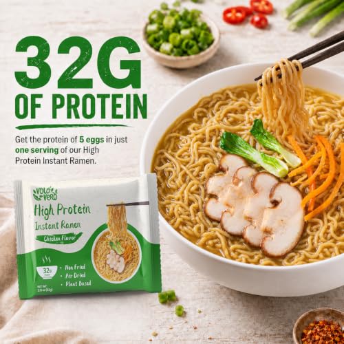 Image of VOLO VERO High Protein (32g) Instant Ramen Noodles Soup Chicken Flavor, 8 Packs, Vegan, Plant-Based, Non-Fried, Low Carb, Low Fat, Egg-Free, Dairy Free Healthy Asian Meal