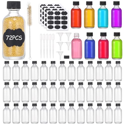 MMonDod (Pack of 72) 2oz Small Clear Glass Bottles(60ml) with Lids Boston Round Travel Bottles for Vanilla Hot Sauce Juice Whiskey Liquid come with 72 Labels,5 Funnels,5 Droppers,1 Brush