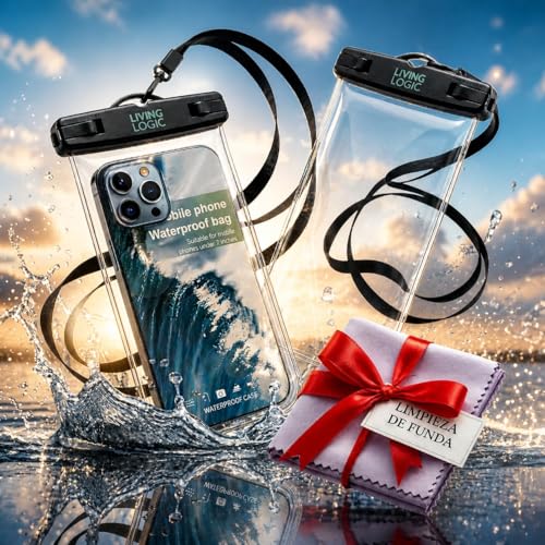 LIVING LOGIC Pack 2 Fundas Impermeables Móvil IPX8 con Toallitas para Limpieza, Bolsa Estanca Universal para Teléfono móvil, Funda Acuática para Playa, Piscina y Viajes Compatible iPhone y Android
