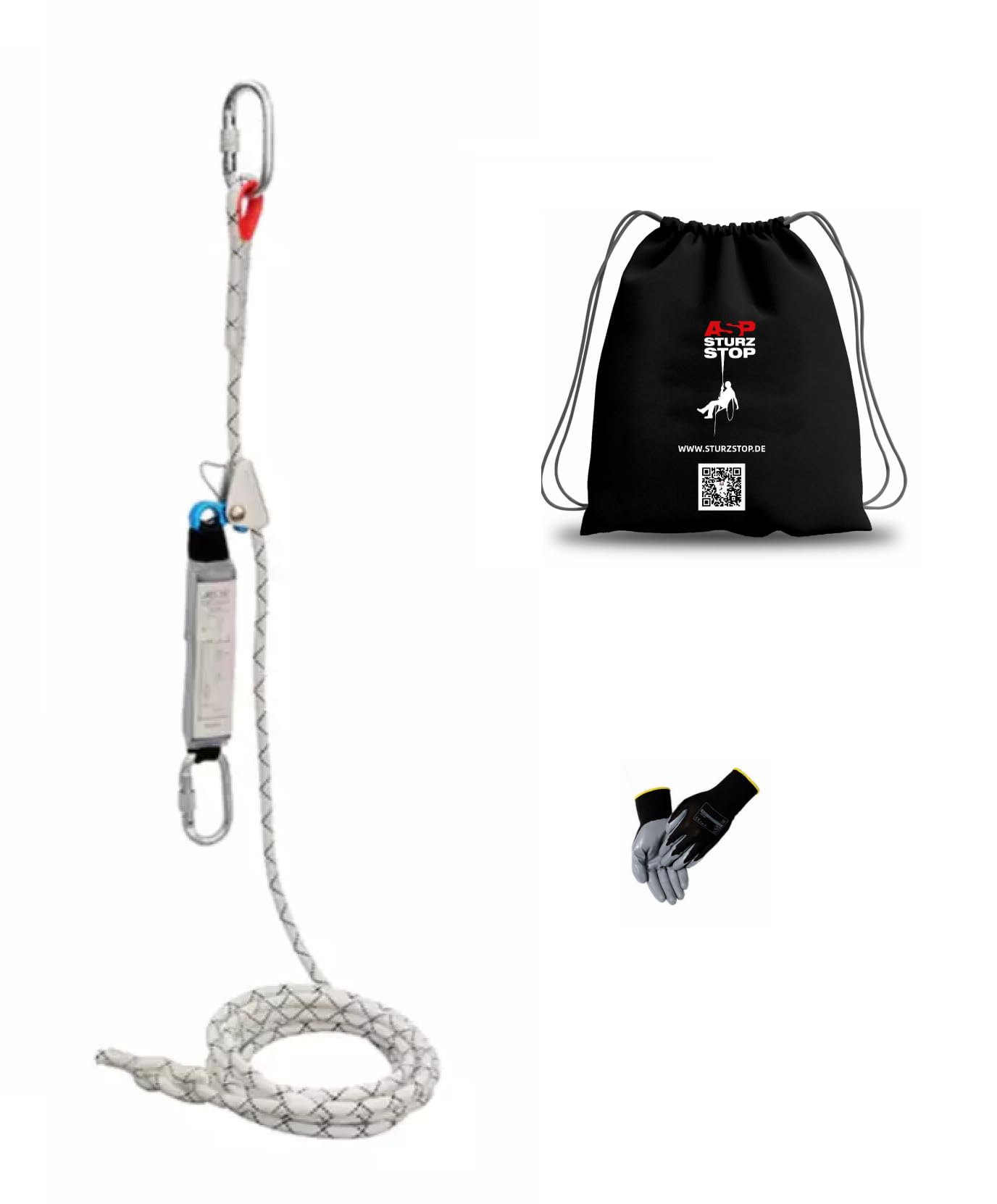 Generisch SET Dachdecker Fallschutz Premium Auffanggurt inkl. Auffanggerät, Seil 20m, 2 Karabiner, PSA Sicherung DIN EN