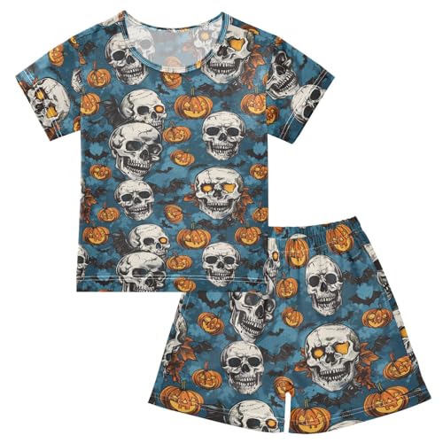 ALAZA Halloween Skulls Pumpkin Pajama Set Short Sleeve Sleepwear Soft Lounge Nightwear