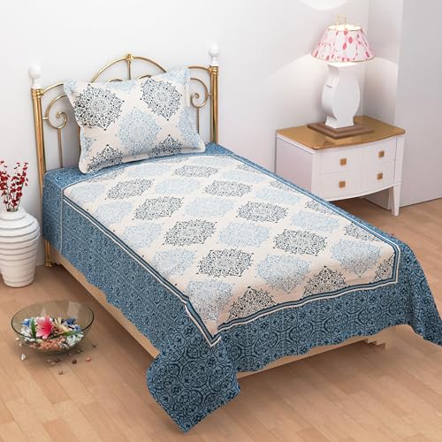 Image of Fresh From Loom Reversible 500Tc Bedsheet for Double Bed Queen Size Cotton | Traditional Print (90x60 Inches | 1 Pillow Cover | Aqua)