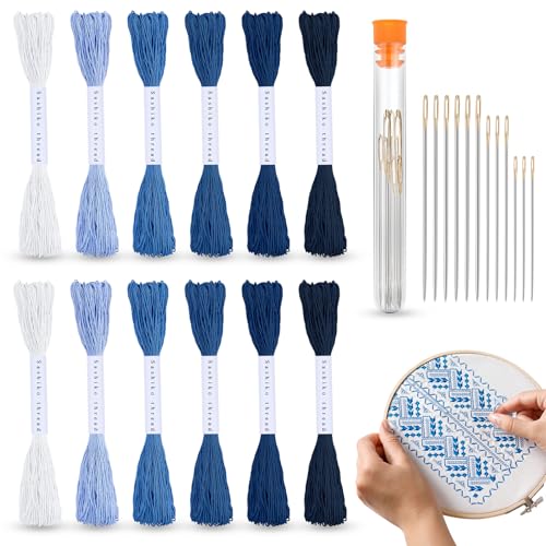 Image of Zeyune 12 Pcs Blue Sashiko Thread Kit with Sashiko Needles, 100% Cotton, Each 20m / 21.9yds, Japanese Embroidery Thread for Visible Mending, Hand Quilting, Boro Stitching, Denim Repair