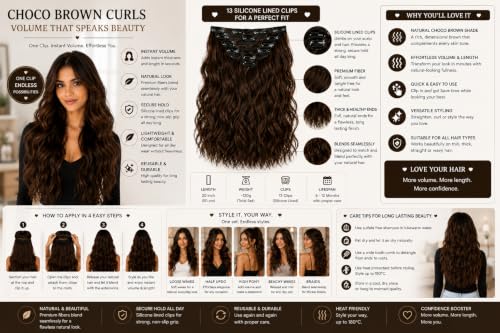 Image of Salon-Grade CHOCOLATE BROWN Curly /Wavy Clip-in Extensions - 6PCS Synthetic Hair Volumizer with 13 Secure Clips for Instant Volume & Realistic Blend