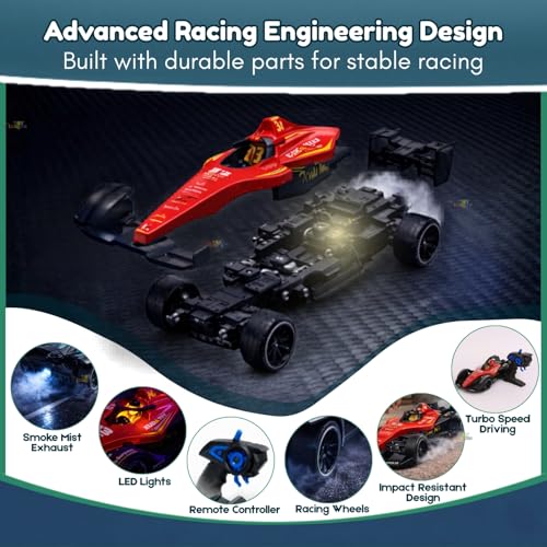 Image of Toy Imagine 2.4GHz Remote Control RC F1 Racing Car for Kids 1:14 Scale, High-Speed Rechargeable RC Toy with LED Lights, Realistic Smoke Effect, Sound, Indoor /Outdoor Play Toy for Boys & Girls 6+(Red)