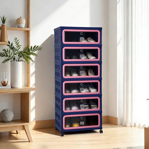 Image of Collapsible Shoe Rack Organizer Foldable Shoe Cabinet with Doors, Large Plastic Folding Shoe Cabinet, Easy Assembly Shoe Shelves Organizer for Entryway (6Tiers,12Pairs)
