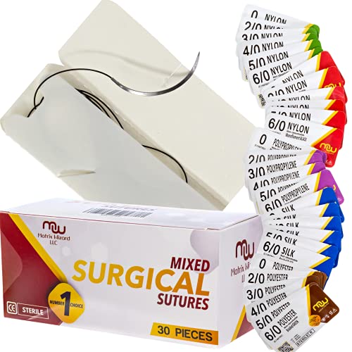 Image of Suture Thread with Needle 30Pk (Mixed 0, 2-0, 3-0, 4-0, 5-0, 6-0) - Practice Suturing; Camping Survival Demo, Military Tactical Drill, Hospital Clinic Rotation, First Aid Travel Safety, Veterinary Use