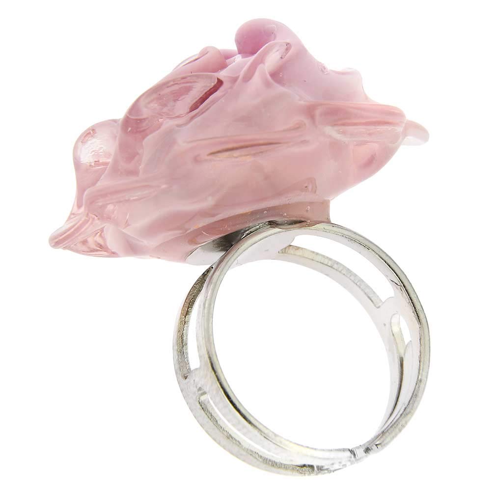 Anillo de cristal de Venecia con flor de rosa de Murano de 1 pulgada, anillo de tamaño ajustable en rosa rosa. Vidrio soplado - Anillos de cristal de Murano para mujer hechos a mano en Italia