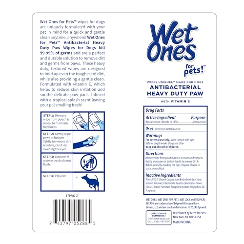 Image of Wet Ones for Pets Antibacterial Heavy Duty Dog Paw Wipes with Tropical Splash Scent - Kills 99.99% of Germs, Thick Durable Disposable Paw Wipes for Dogs, 50 Count