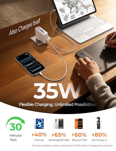 Image of LISEN 3 in 1 Travel Power Bank [2026 Aggregative] Portable Charger with Wall Plug,35W Powerbank Fast Charging with Extension Cable for iPhone 17 16 15 Pro Max Plus, Samsung Galaxy, iPad, Pearl White | Compact & Travel-Friendly Power Bank Wall Charger Long Cable USB C