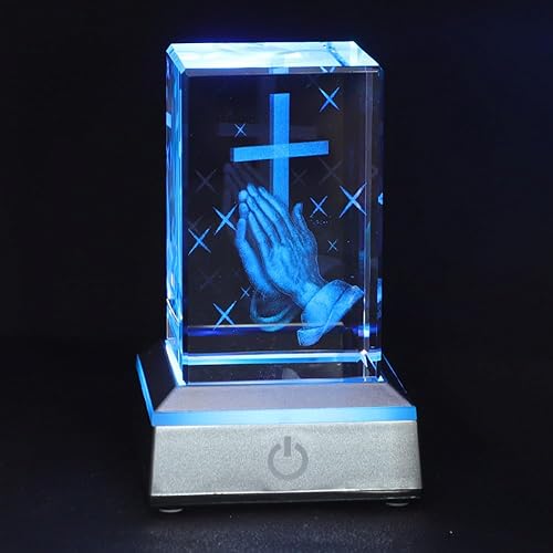 KOMI Estatua de figura de cristal 3D con base de luz LED, grabada con láser, estatuas de cruz de mano, regalos religiosos para mujeres y hombres, KOMI Estatua de figura de cristal 3D con base de luz LED, grabada con láser, estatuas de cruz de mano, regalos religiosos para mujeres y hombres,