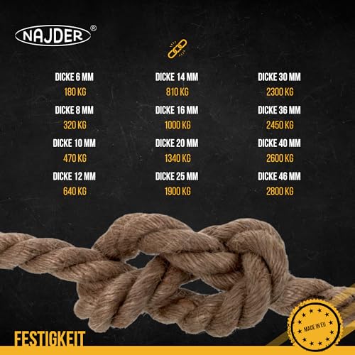 Najder - Juteseil - Naturfasern - gedreht Tauwerk - Hanf Jute Tau Seil - Seil für Barrieren und Geländer - Durchmesser 25 mm, 1 Meter