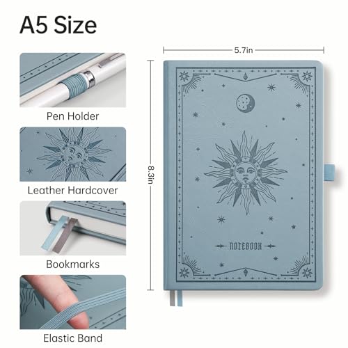 Image of EMSHOI Graph Grid Journal Notebook, 192 Pages, A5 Size (5.7'' x 8.3'') | Leather Hardcover, 100 GSM Thick Paper, for School, Note Taking, Math, Engineering, Sun Debossed (Gray Blue)