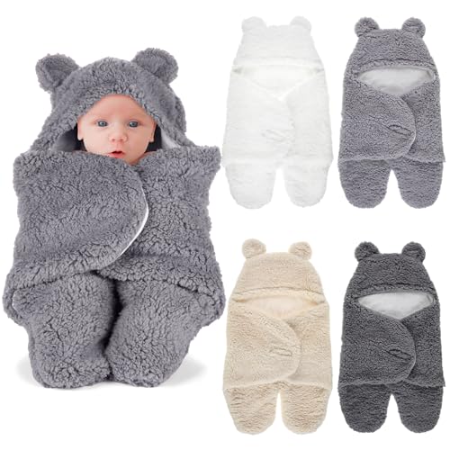 Image of Peryiter 4 Pcs Winter Baby Swaddle Blanket Bear Plush Newborn Gift for 0-6 Month Infants