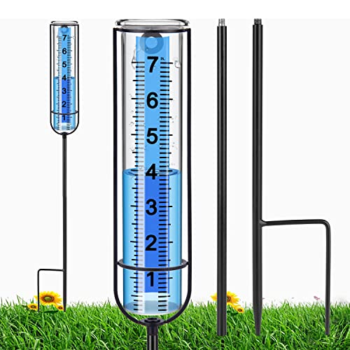 Richene Rain Gauge Upgrade, 7\" Capacity Glass Rain Gauge Outdoor-Detachable Rain Guage with Lengthen Stake Best Rated for Yard, Lawn & Garden