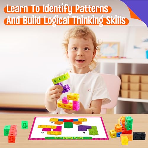 Image of Math Linking Cubes, 100 Math Cube Manipulatives with 30 Learning Activities plus 192 Reusable Stickers, Number Counting Blocks Snap Linking Math Counters, Fun & Educational Pre-K Counting Blocks