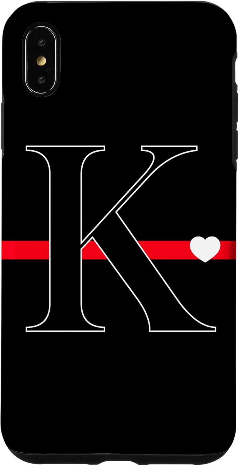 iPhone 13 Black Red Thin Line Monogram Letter K Initial Heart Case