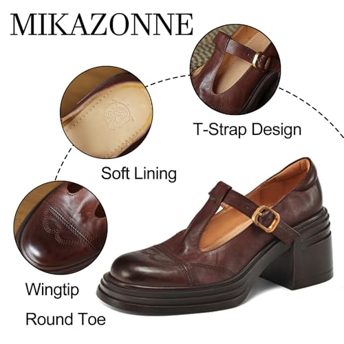 Women's Leather Wingtip Chunky Heel Mary Janes Comfort Round Toe T-Strap Platform Block Heel Retro Dress Shoes Party Evening Dating Mary Jane Pumps3