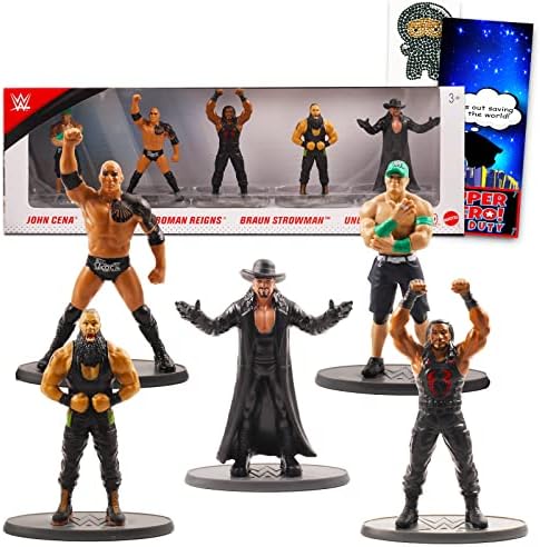 WWE Action Figures 5 Pack-Wrestler Toy Bundle with 5 WWE Mini Figurines Including John Cena,The Rock,and More Plus Ninja Stickers and a Door Hanger (WWE Party supply),Wrestling figures
