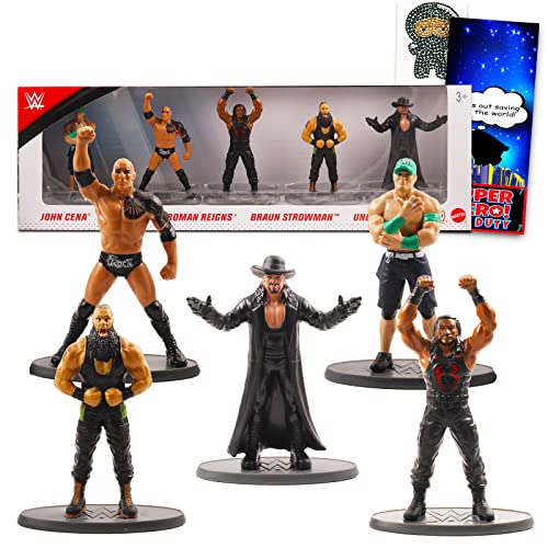 Wwe Action Figures 5 Pack-Wrestler Toy Bundle With 5 Wwe Mini Figurines Including John Cena,The Rock,And More Plus Ninja Stickers And A Door Hanger (Wwe Party Supply),Wrestling Figures #TOP1