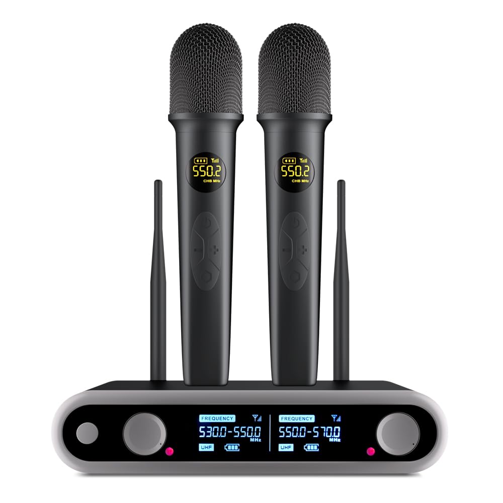 Yamnweo NG-88 2-Channel Wireless Microphone System, VHF Fixed Dual Band Wireless Kit with 2 Handheld Dynamic Transmitter Microphones and Receiver Base, for Sing, Wedding, DJ, Party, Black