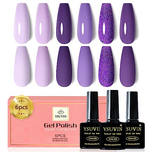 YSUVIN UV Nagellack Lila, 6 Stück Lila Glitzer Gel Nagellack Soak-Off UV Gellack für Frauen Home DIY Nail Art Maniküre Salon, Langlebig, 8ML