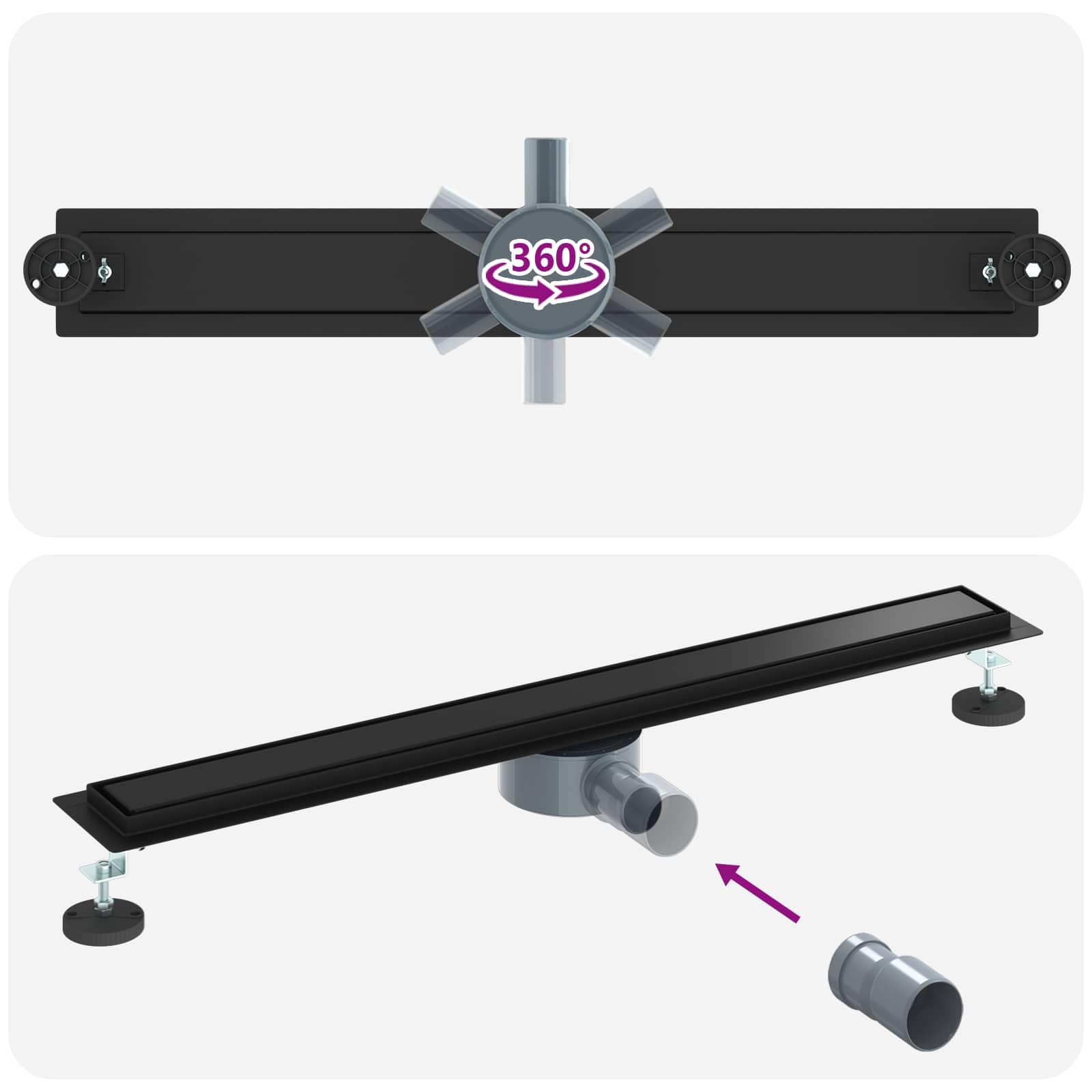 vidaXL Scarico Doccia 2-in-1 con sifone a 360° Nero 80 cm, Ristrutturazione Bagno, componente Doccia Moderno, Installazione Scarico Rettangolare per drenaggio e impianto Idraulico