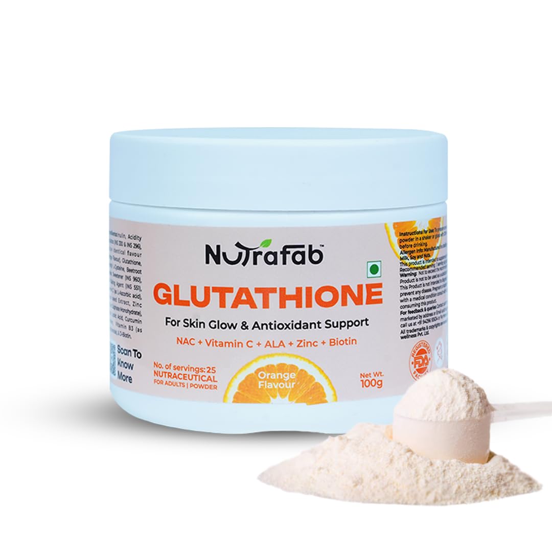 NUTRAFAB Glutathione Powder for Skin Glow | Antioxidant Supplement | Vitamin C, ALA, Zinc & Biotin | Supports Bright, Radiant Skin | Orange Flavour | 100g : Amazon.in: Health & Personal Care NUTRAFAB Glutathione Powder for Skin Glow | Antioxidant Supplement | Vitamin C, ALA, Zinc & Biotin | Supports Bright, Radiant Skin | Orange Flavour | 100g : Amazon.in: Health & Personal Care