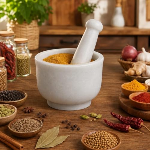 Image of STONE CRAFT White Marble Mortar and Pestle for Kitchen | Okhli Musal | Stone Grinder for Kitchen | Kharal Khalbatta | Granite Rolu Rokali | Herbal Spice Crusher Set