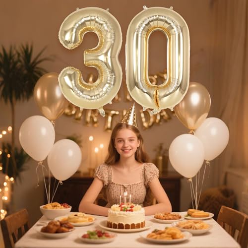 Image of Champagne Gold Large Number 30 Balloon, 40 Inch Light Gold Foil Helium Number Balloons, Giant Mylar Number 30 Balloons for 30 Years Old Birthday Party Anniversary Decorations (Champagne Gold 30)