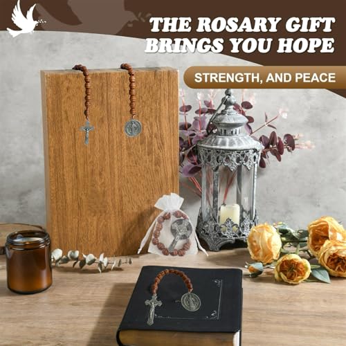 Image of Bovemee Saint Benedict Medal Prayer Pocket Rosary Catholic Brown Wood Beads with Medalla de san benitol and Crucifix, 9 Inch