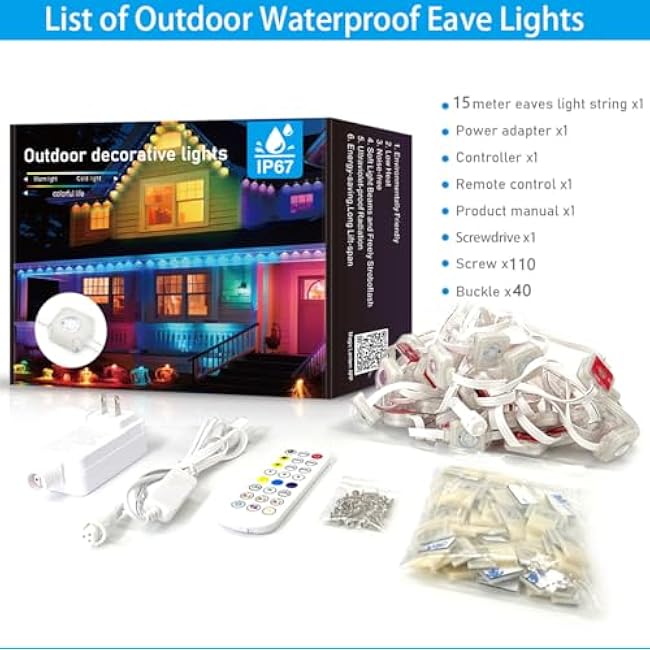 50ft Permanent Outdoor Lights for House, IP67 Waterproof RGB+IC LED Eaves Lights, 54 Scene Modes Outdoor Lighting for Christmas Garden Party Holiday Decorations, with App/Remote Control