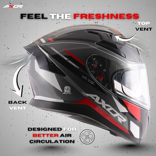 Image of Axor Apex Turbine ISI ECE DOT Certified Full Face Dual Visor Helmet for Men and Women with Pinlock Fitted Outer Clear Visor and Inner Smoke Sun Visor Black Red Grey Helmet-XL