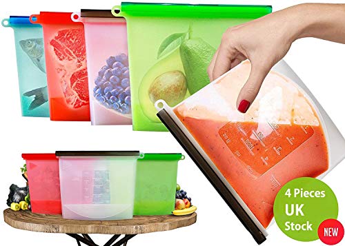 4-Pack Silicone Food Storage Bags 1L for Sous Vide, Sandwich, Freezer - Reusable Containers