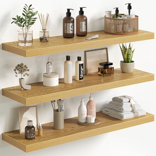 Fun Memories Floating Shelves for Wall 36 Inch Set of 3, Farmhouse Floating Shelves with Invisible Heavy Duty Bracket, 10 Inch Deep Bathroom Shelves for Storage, Living Room, Kitchen, Decor, Oak