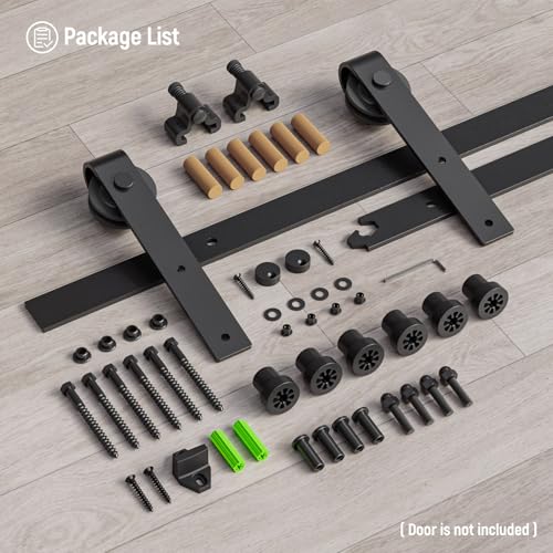 Image of CCJH 8FT Single Sliding Barn Door Hardware Kit Black Basic Roller Carbon Steel Hanger Flat Track System for Closet Kitchen 1 Door 48 inch Wide