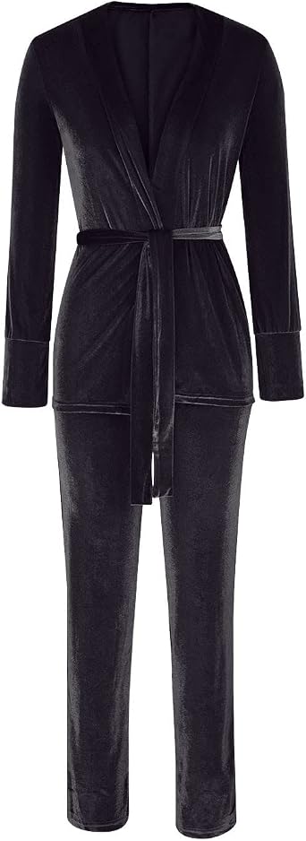 HGps8w Women Sexy 2 Piece Outfit Velvet Suits Deep V Neck Blazer Jacket with Long Pants Suit Set Formal Clubwear with Belt