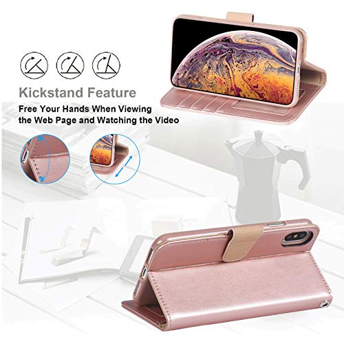 Arae Wallet Case For Iphone Xs Max Pu Leather Flip Case Cover [Stand Feature] With Wrist Strap And [4-Slots] Id&Credit Cards Pocket For Iphone Xs Max 6.5 Inch - Rose Gold #TOP4