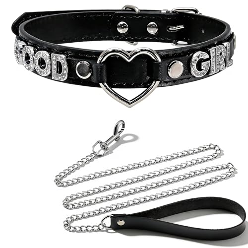 FAYERXL Black Choker Necklace Collar and Leash Set for Women Gothic Punk Rave Cosplay Festival Leather Collar with Heart and Letter Naughty Jewelry (GOOD G)