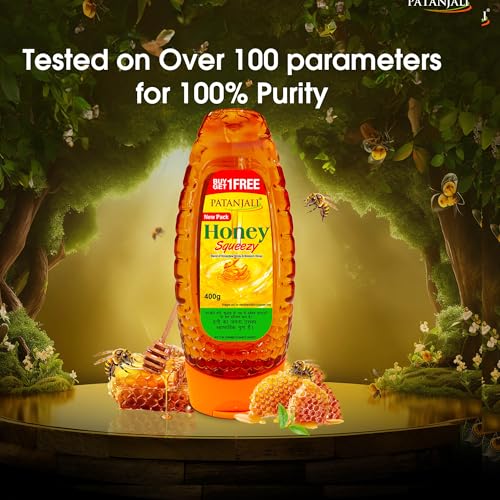 Image of Patanjali Natural Honey Squeeze Pack 400g - No Added Sugar Pure Raw Natural Bee Honey | No Artificial Colour | For Eating Cooking & Wellness