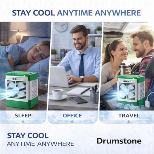Image of DRUMSTONE ( 2026 Brings 15 Years Warranty ) Mini AC Portable Air Cooler Rechargeable with 1.5L Tank, USB Cooling Fan, Personal Desk AC for Room Office Travel, Battery Powered Cooler Fan