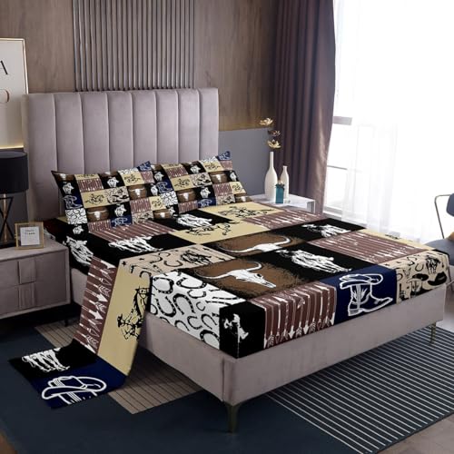 Feelyou Western Bed Sheets Cowboy Bedding Set for Boys Men Teens Bull Skull Horse Arrow Print Sheet Set Geometric Grid Brown Blue Plaid Decor Bed Set Room 3Pcs King Size